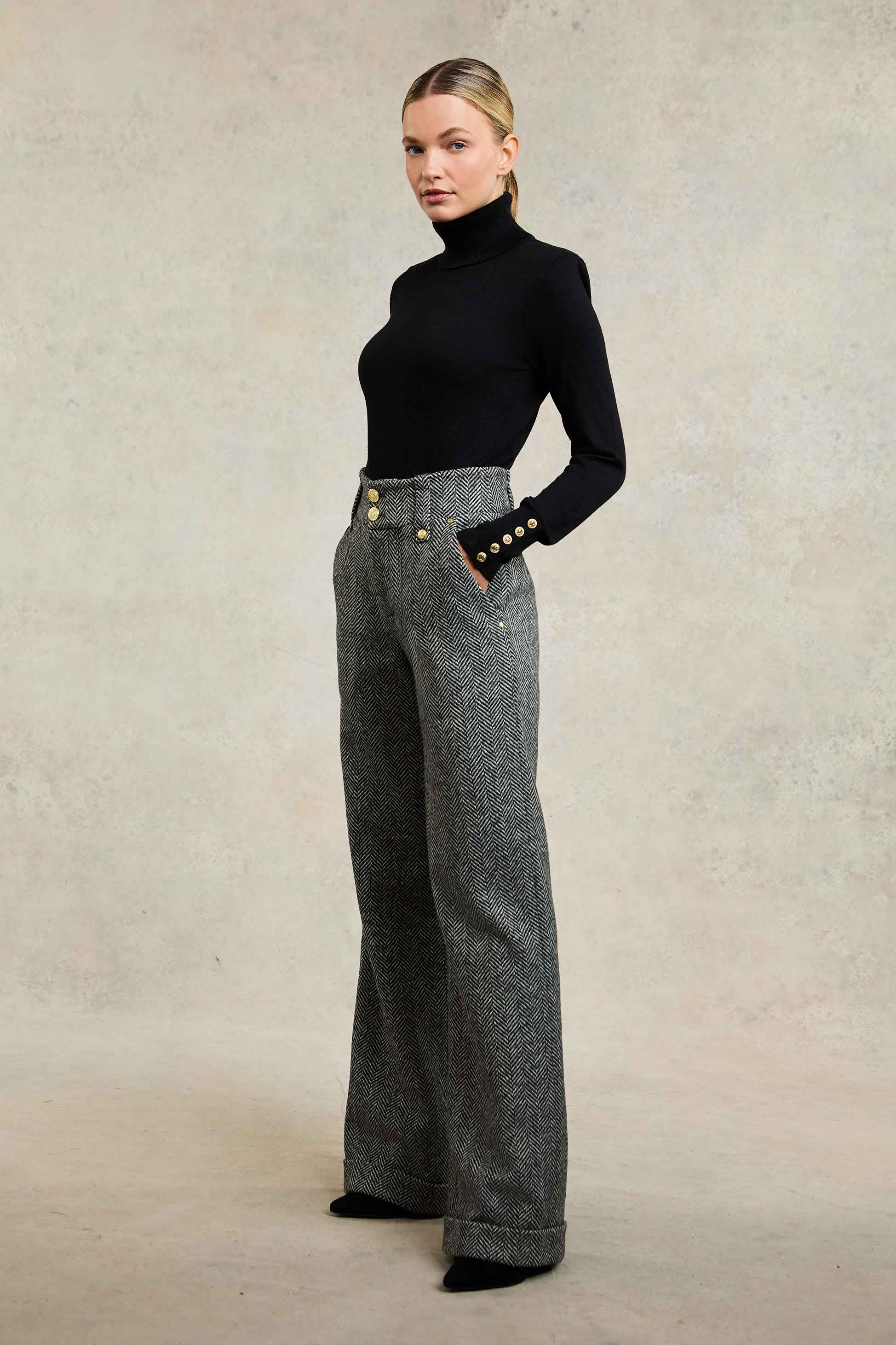 High Waisted Wide Leg Trouser (Wide Tooth Black Herringbone) - Image 3