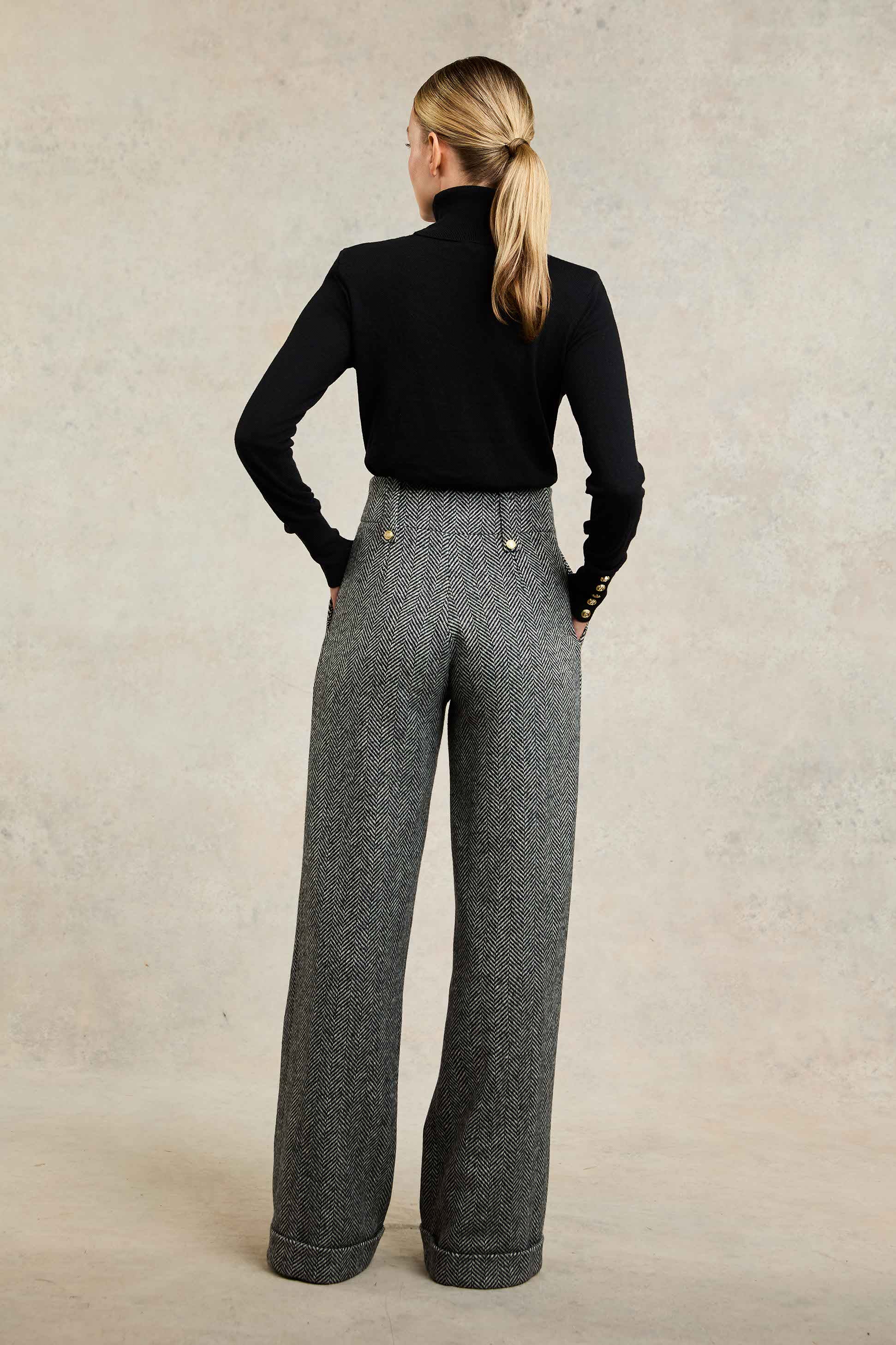 High Waisted Wide Leg Trouser (Wide Tooth Black Herringbone) - Image 6