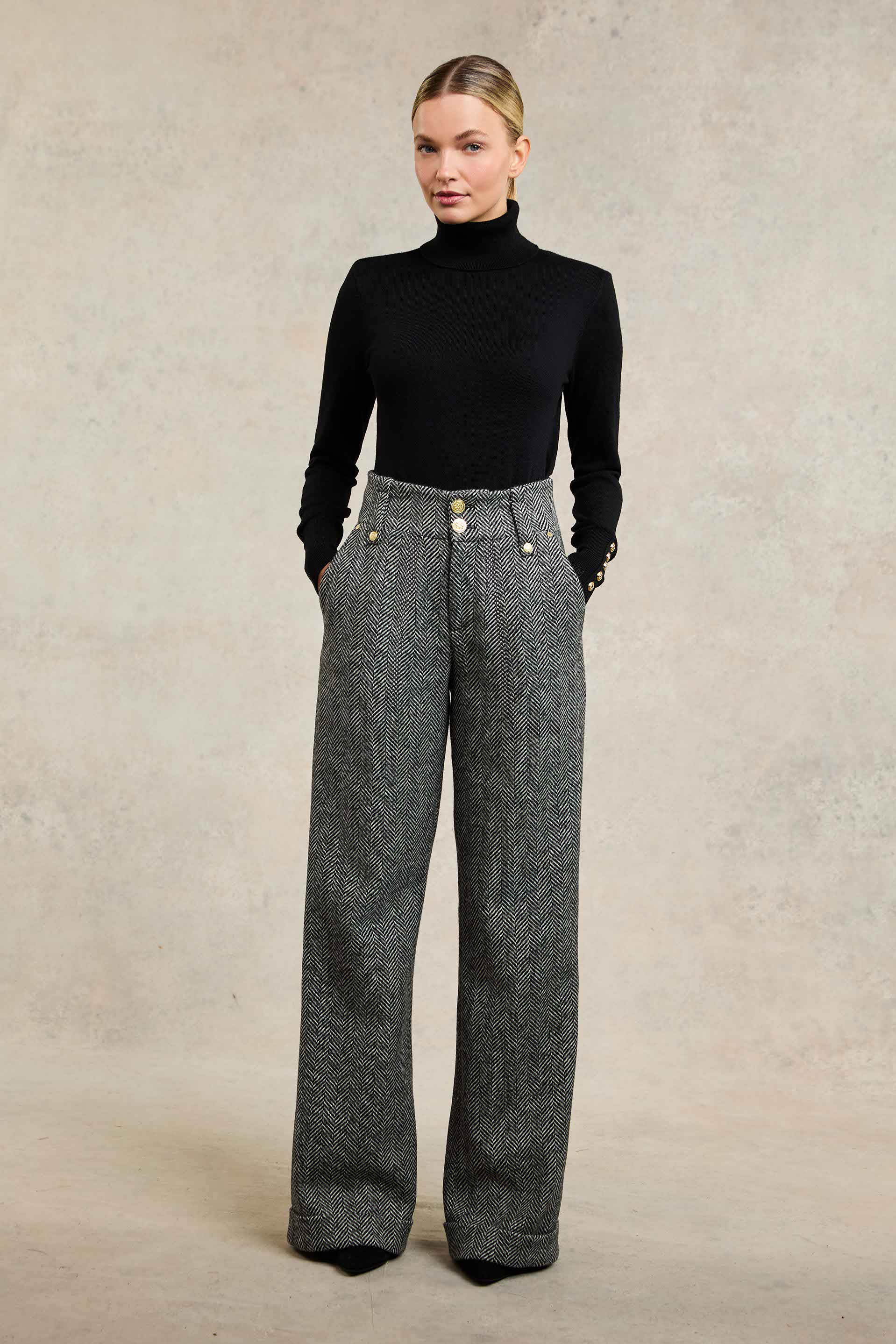 High Waisted Wide Leg Trouser (Wide Tooth Black Herringbone) - Image 8