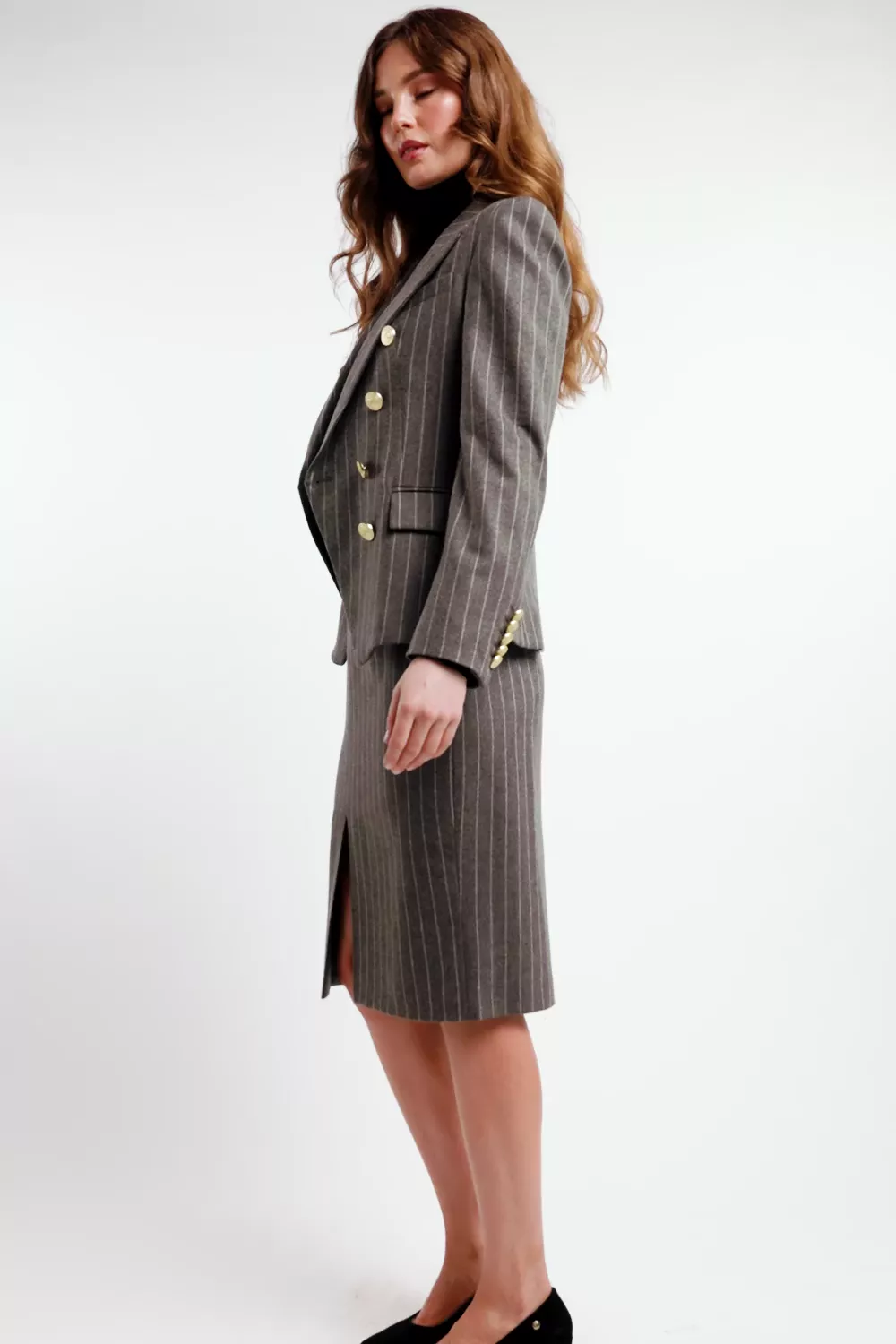 Mayfair Pencil Skirt (Soft Grey Pinstripe) - Image 5