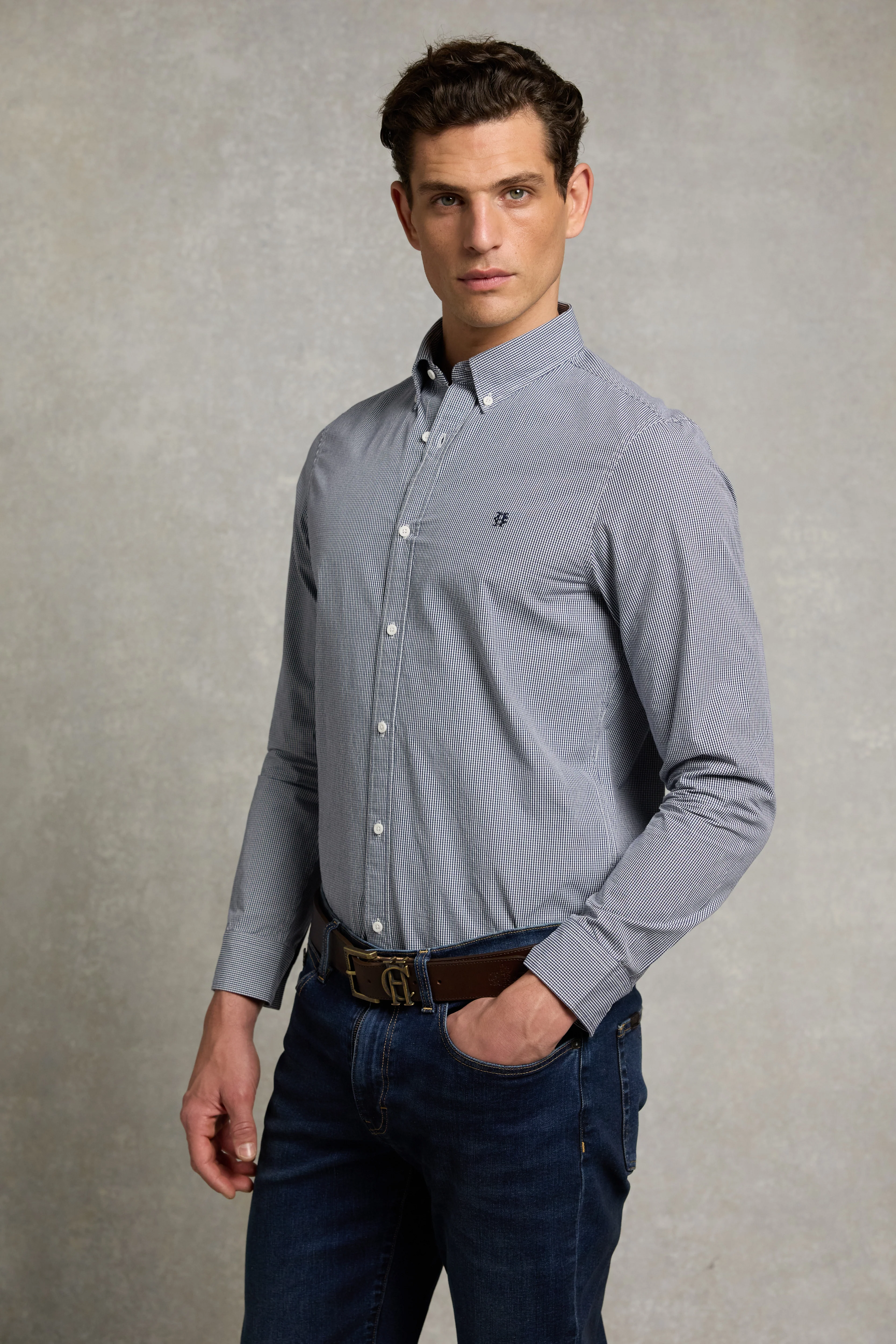 Men's Tailored Fit Button Down Shirt (Micro Navy Gingham) - Image 2