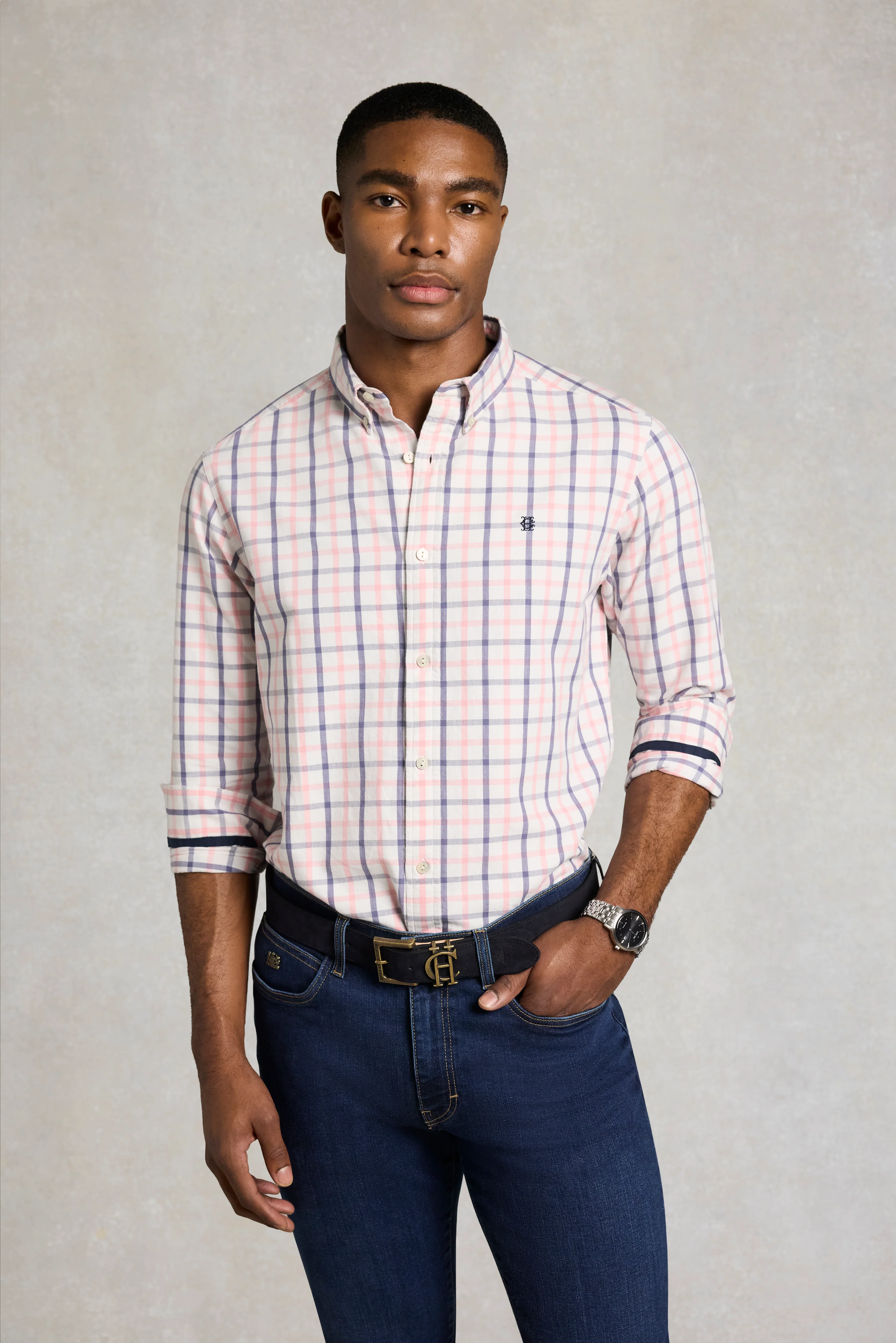 Men's Relaxed Fit Button Down Shirt (Bourton Pink Check)