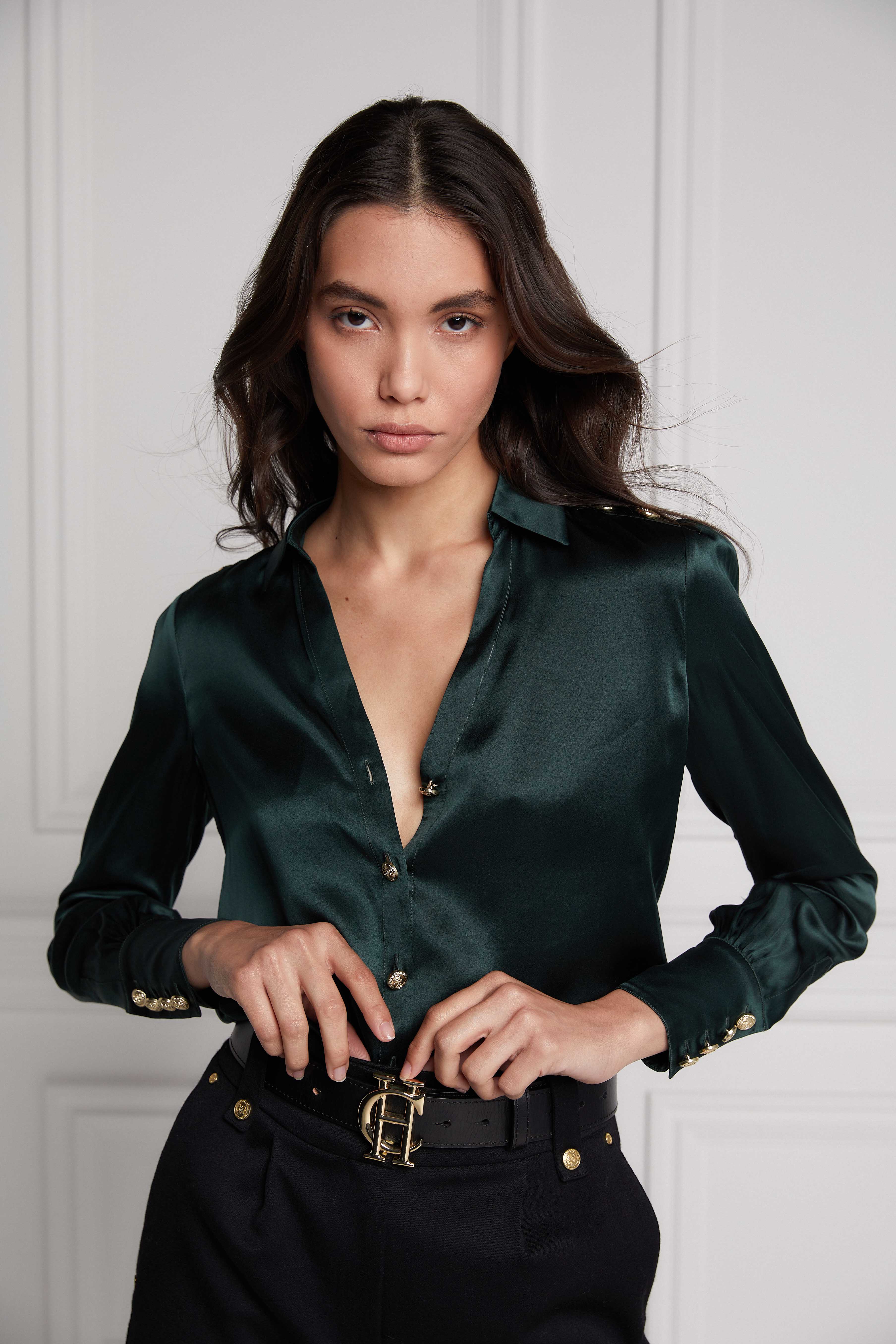 Silk V-Neck Blouse (Emerald) - Image 10