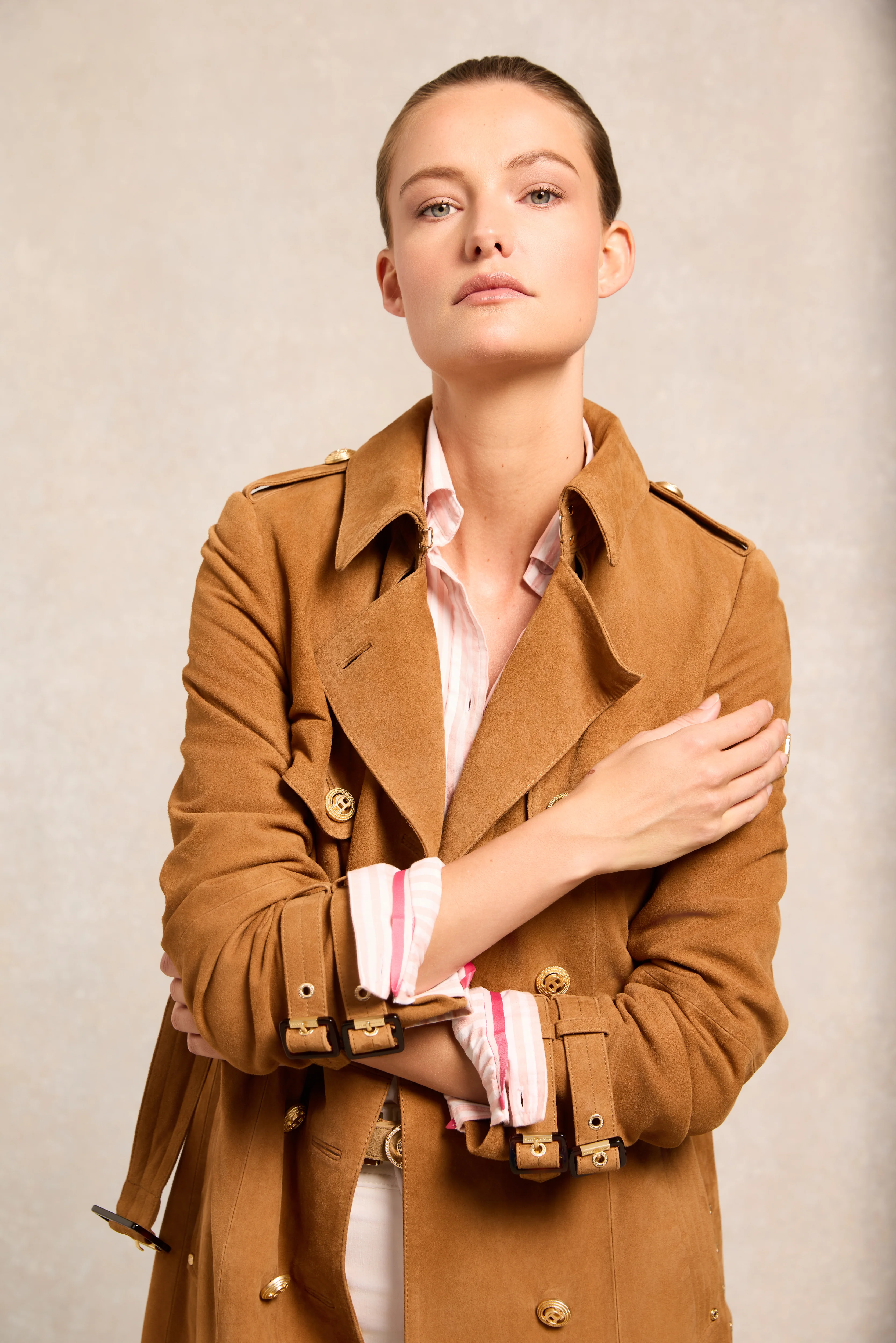 Full Length Sloane Suede Trench Coat (Tan) - Image 2