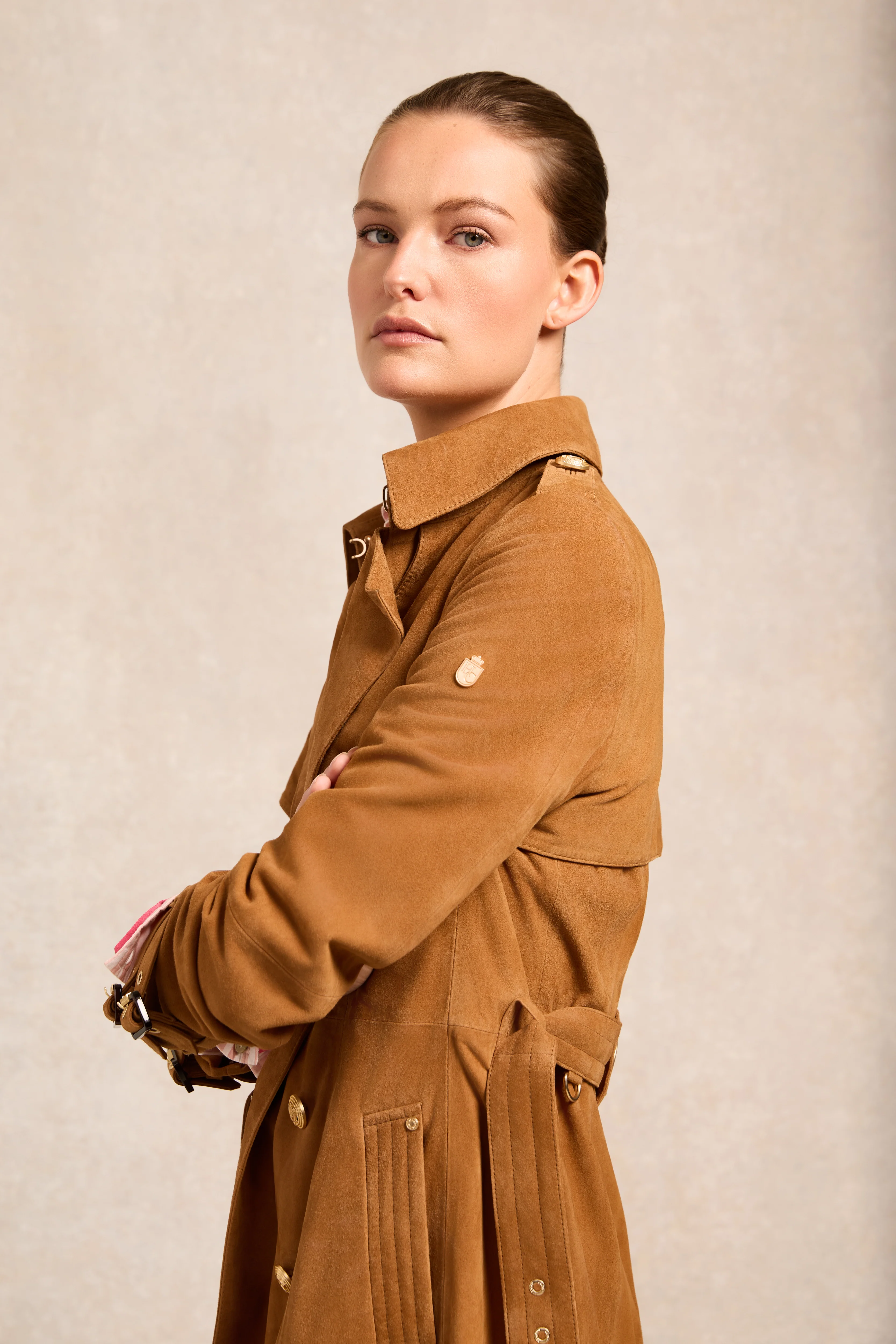 Full Length Sloane Suede Trench Coat (Tan) - Image 3