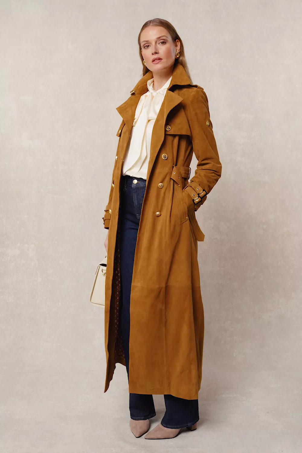 Full Length Sloane Suede Trench Coat (Tan) - Image 5