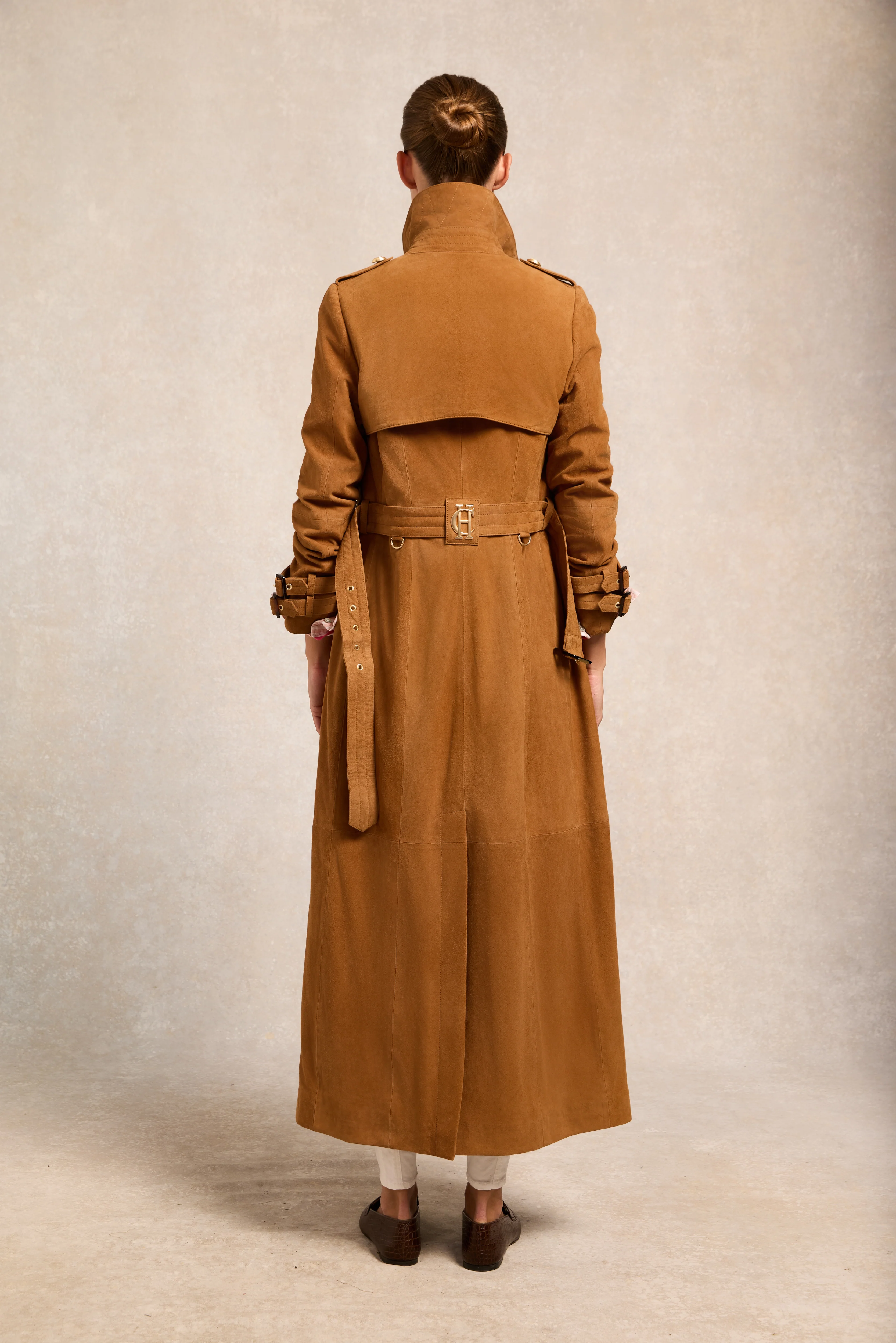 Full Length Sloane Suede Trench Coat (Tan) - Image 6