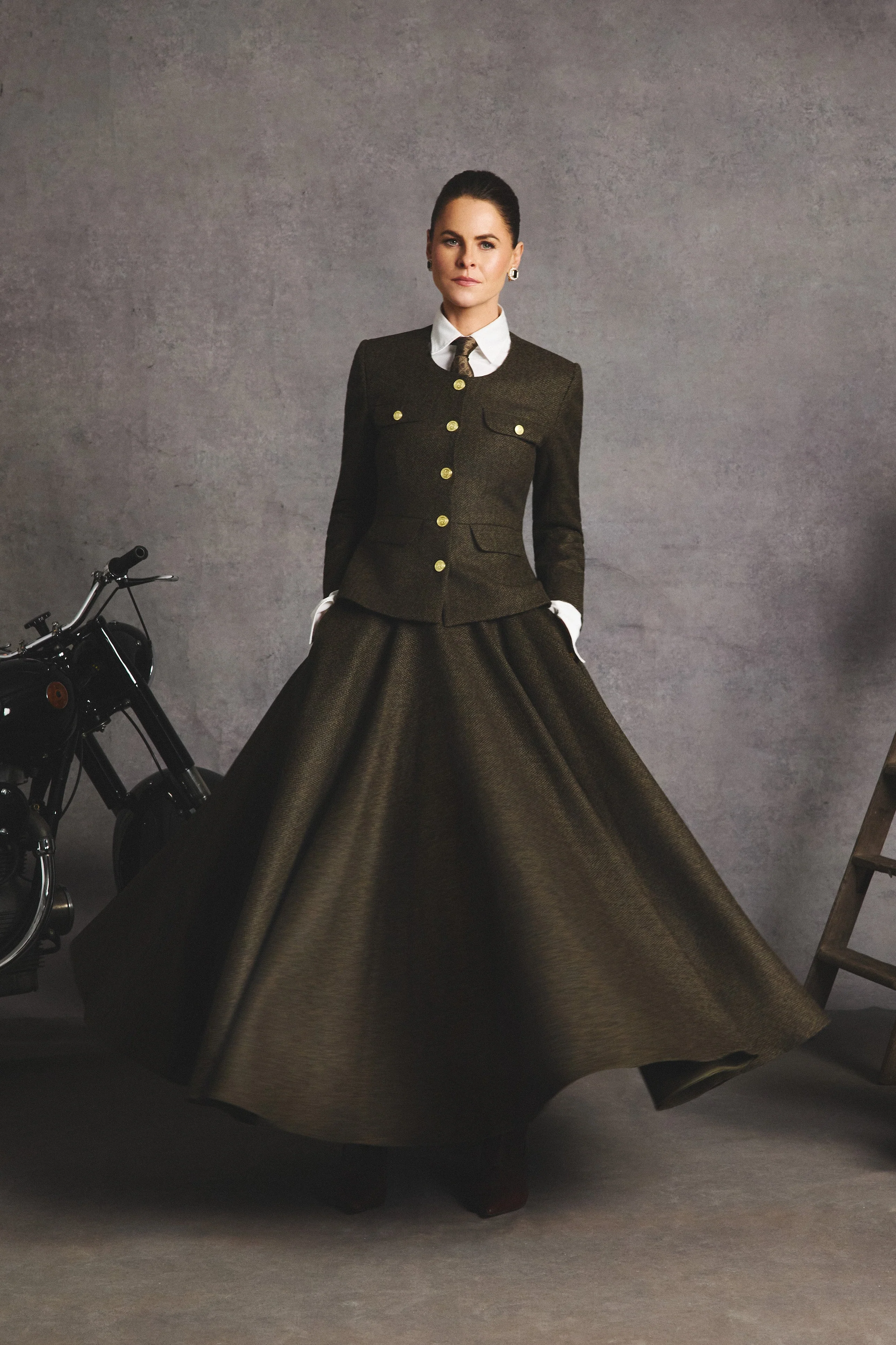 Tailored Peplum Jacket (Dark Green Herringbone) - Image 3