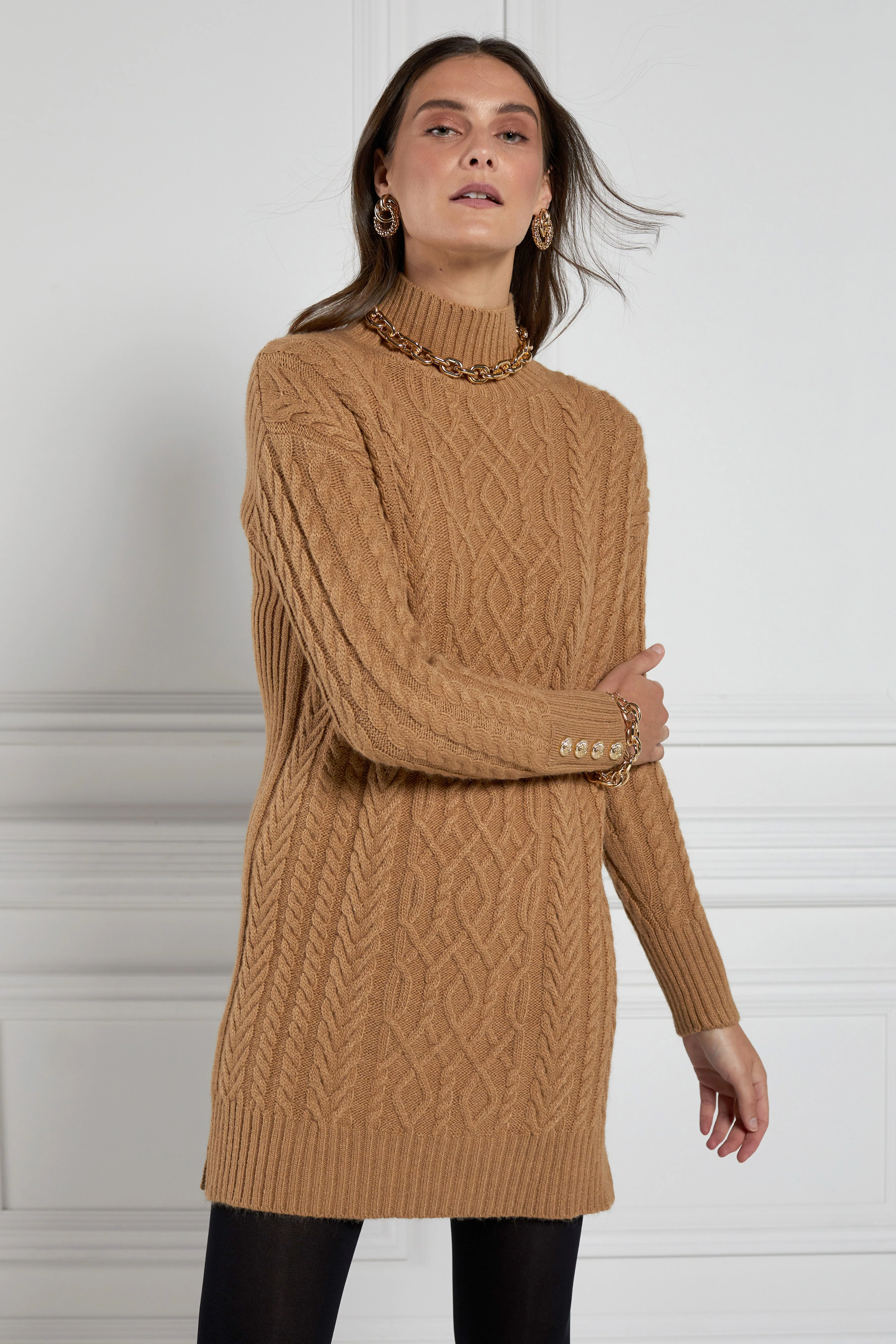 Windsor Cable Mini Dress (Dark Camel) - Image 6